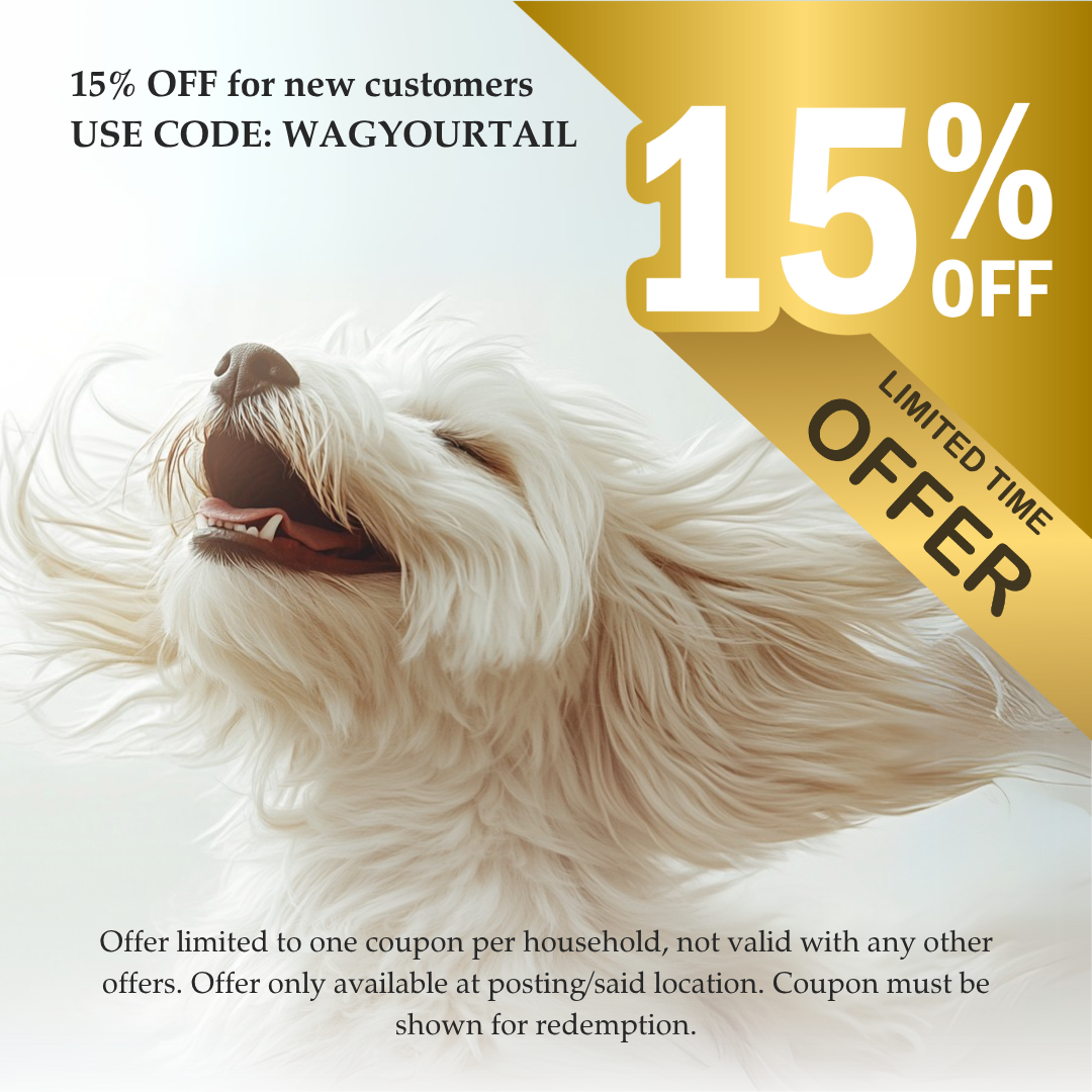Promotional banner featuring a joyful white dog with long flowing fur against a soft gradient background. Text on the left reads ‘15% OFF for new customers FOR A LIMITED TIME ONLY,’ along with the phone number (877) 504-7666 and website orlando.groombar.com. A gold banner on the right displays ‘15% OFF LIMITED TIME OFFER.’ Fine print at the bottom states offer details for new customers only.