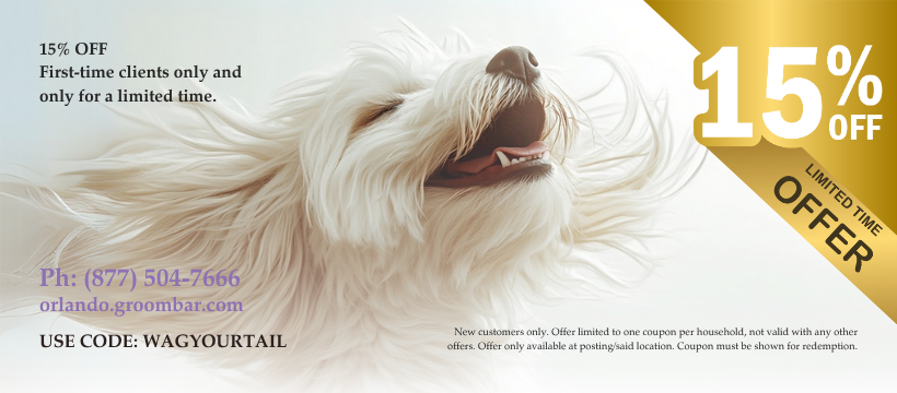 Promotional banner featuring a joyful white dog with long flowing fur against a soft gradient background. Text on the left reads ‘15% OFF for new customers FOR A LIMITED TIME ONLY,’ along with the phone number (877) 504-7666 and website orlando.groombar.com. A gold banner on the right displays ‘15% OFF LIMITED TIME OFFER.’ Fine print at the bottom states offer details for new customers only.